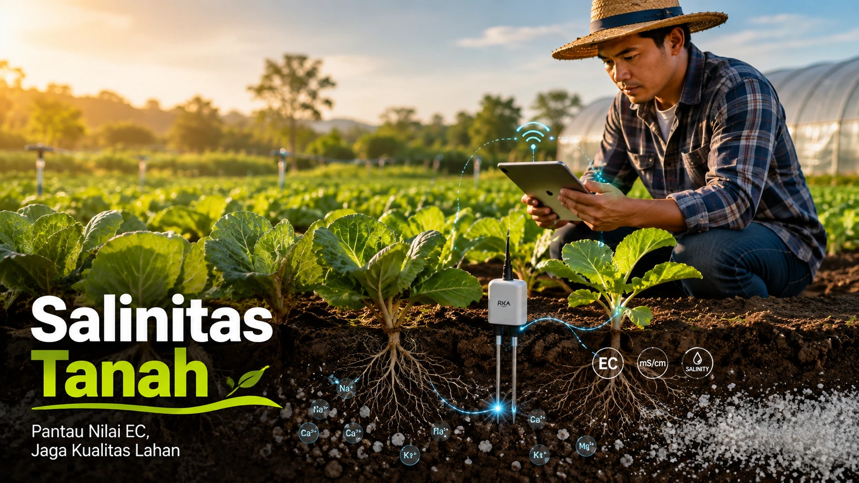 Sensor Salinitas Tanah membantu memantau nilai EC untuk menjaga kualitas lahan tanam.